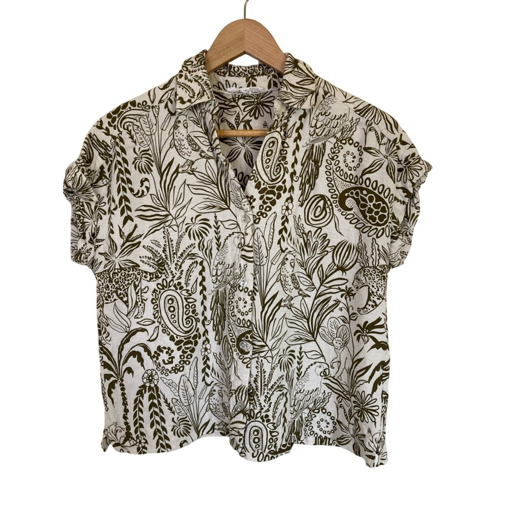 Jane & Delancy Women's Linen Blend White Green Tropical Print Shirt Size M SS